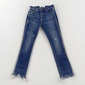 AMO Babe Dark Blue Wash High Rise Cropped Denim Jeans Raw Hem Women's Size 25